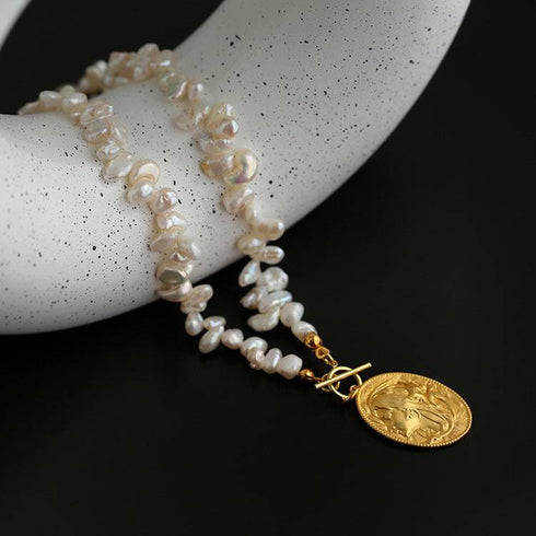 Oval Goddess Gold Coin Pearl Necklace and Earrings (Purchase Individually) - Zafari Studio Jewelry